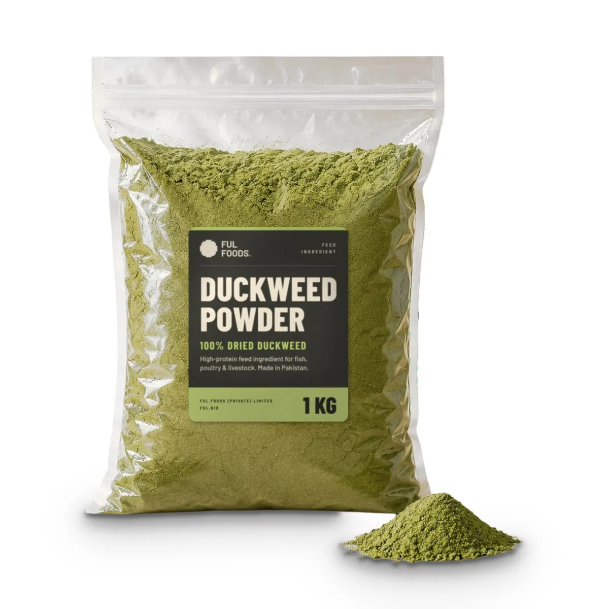 A 1 kg bag of FUL Foods duckweed powder